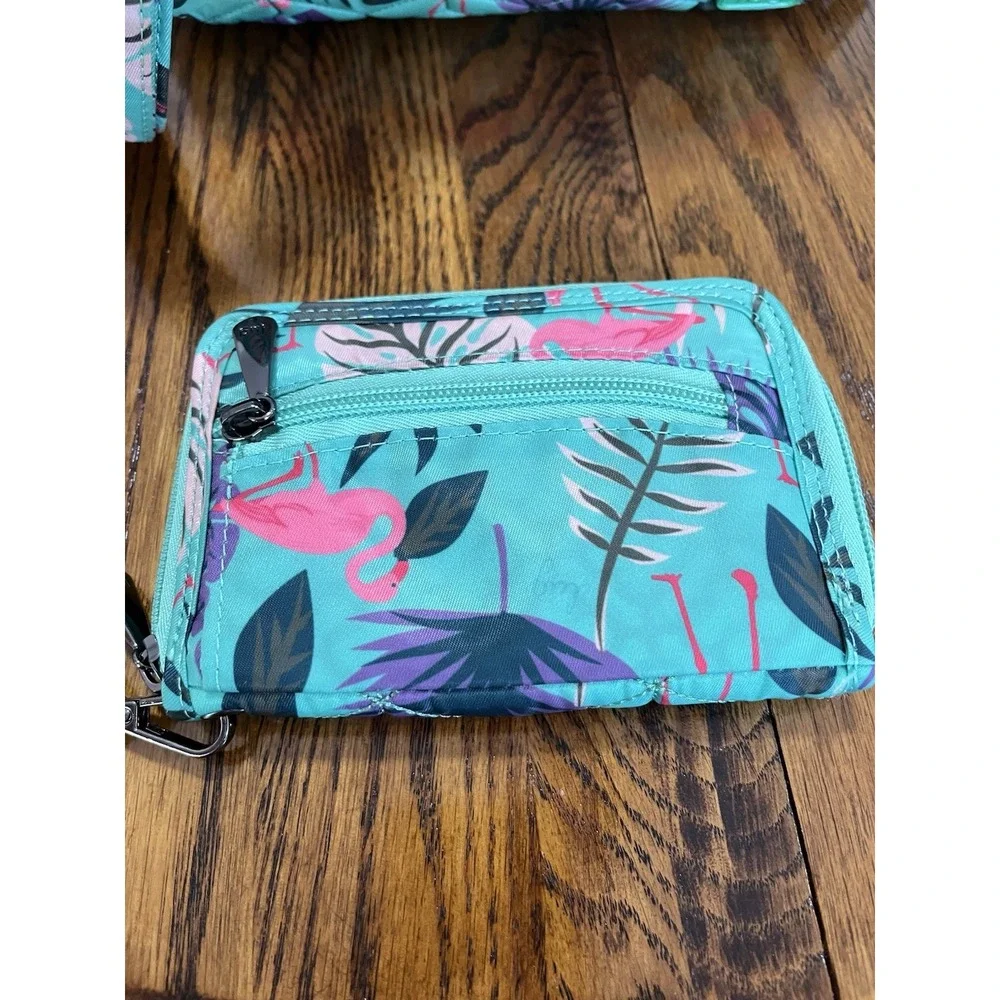 LUG PURSE BAG crossbody Straps AND Wallet SET Green Pink Flamingo Palm Tropical